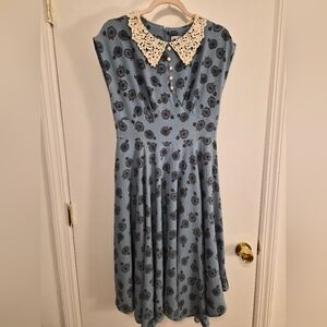 Hell Bunny Blue Dress with Cream Lace Collar